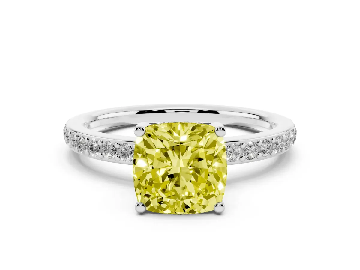 Fancy Yellow Cushion Cut Cut Diamond Pavé Band Ring with Four-Prong Setting Silver