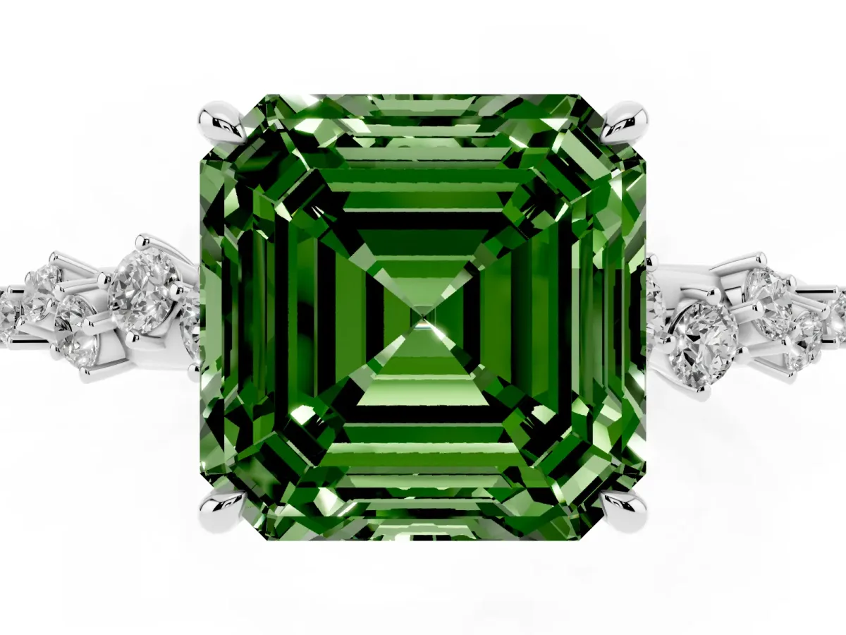 Fancy Green Asscher Cut Diamond Cluster Side Stone Solitaire Ring with Prong Setting Platinum