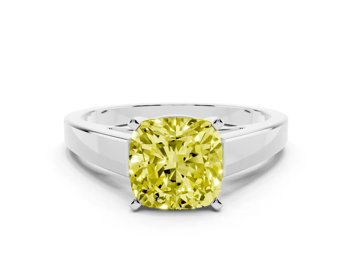 Fancy Yellow Cushion Cut Solitaire Engagement Ring with Four-Prong Setting and Tapered Band White gold