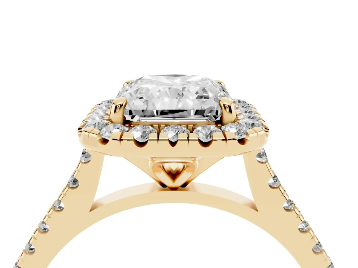 Radiant Cut Diamond Cushion Halo Ring with Pavé Band Yellow gold