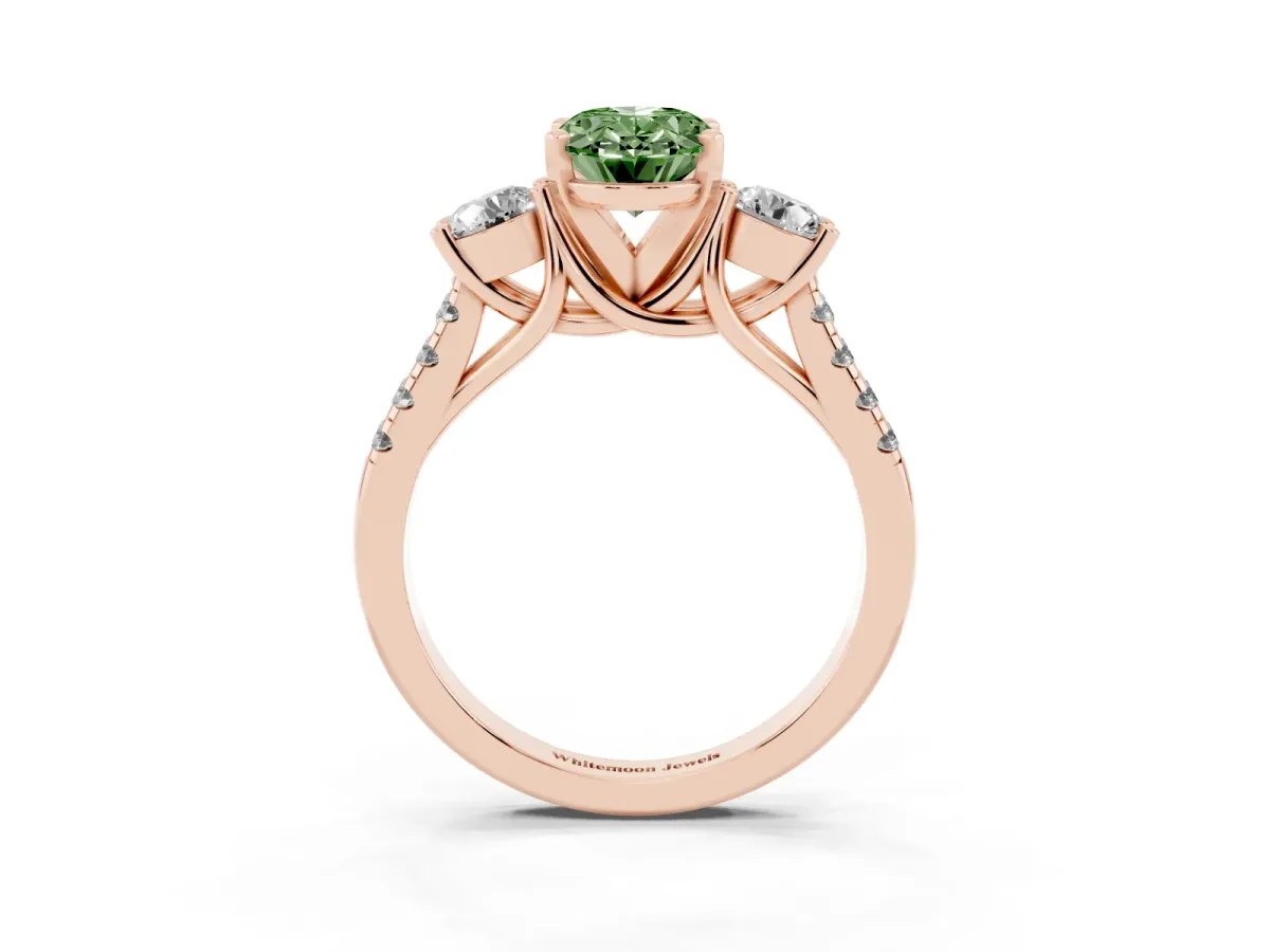 Fancy Green Three-Stone Oval Cut Diamond Pavé Band with Four-Prong Setting Rose gold