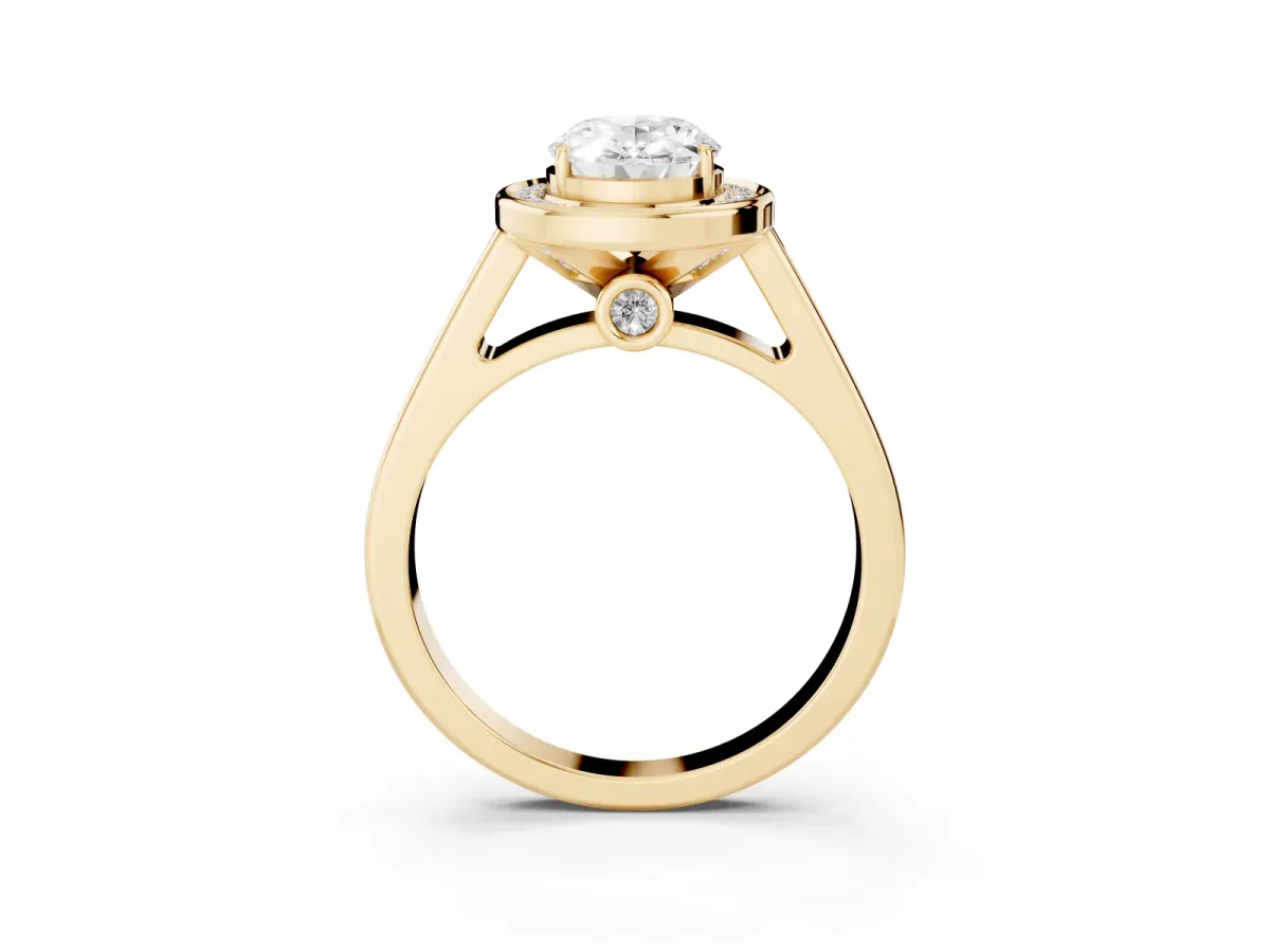 Oval Cut Halo Solitaire Diamond Ring with Pave Band and Bezel Setting Yellow gold