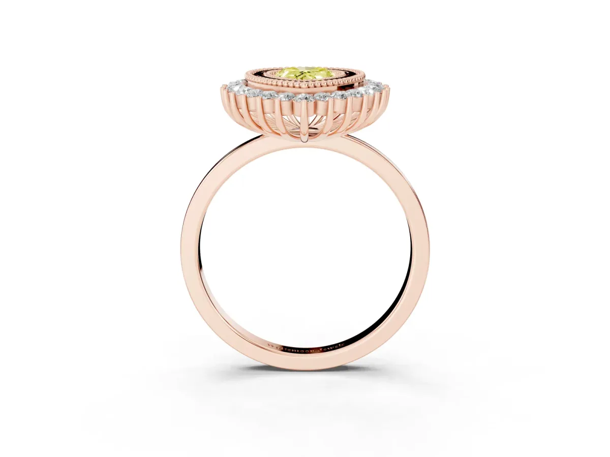 Fancy Yellow Pear Cut Halo Diamond Ring with Milgrain Edge and Round Prong Setting Rose gold