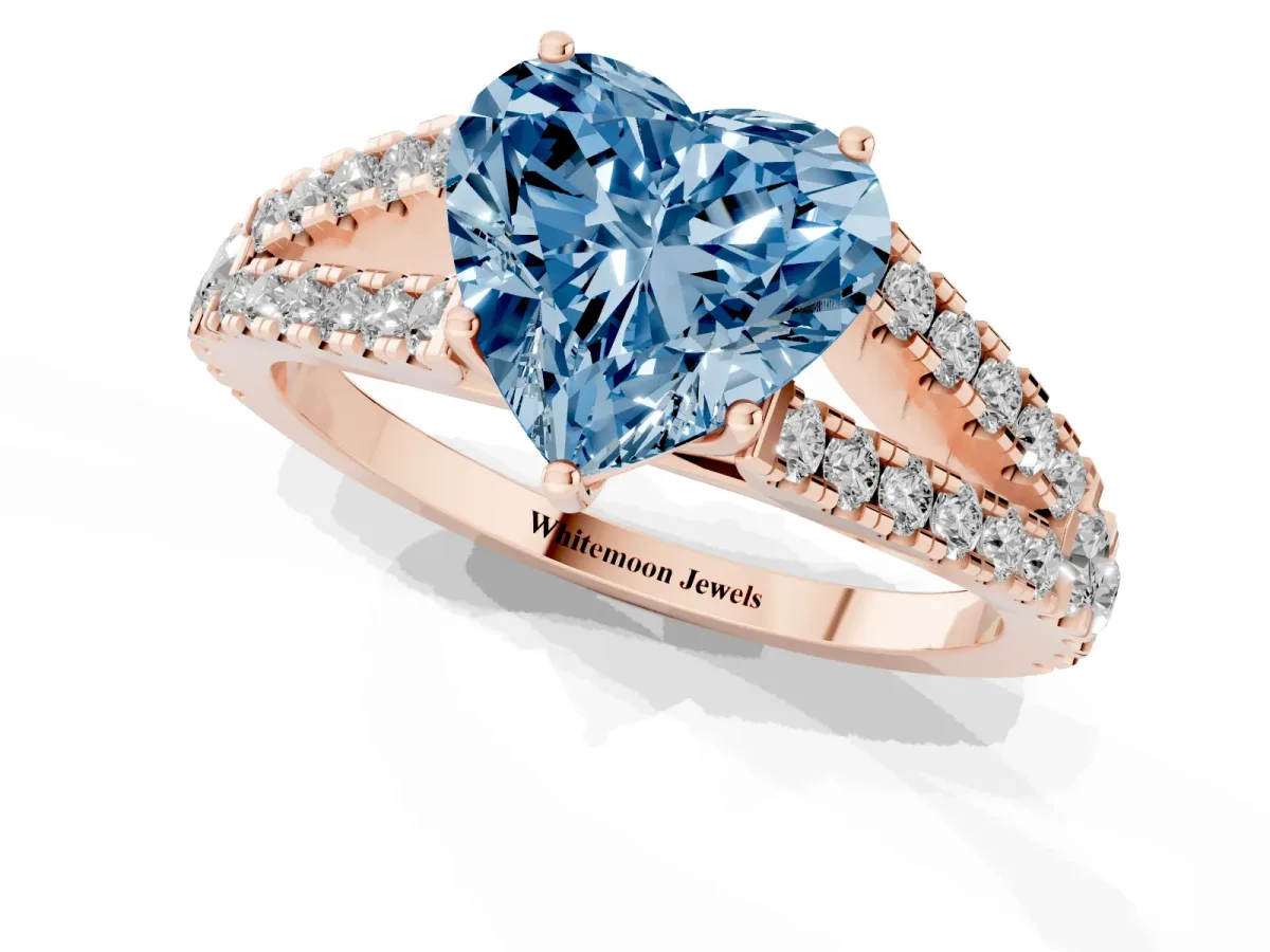 Fancy Blue Heart Cut Diamond Split Shank Pavé Engagement Ring with Four-Prong Setting Rose gold