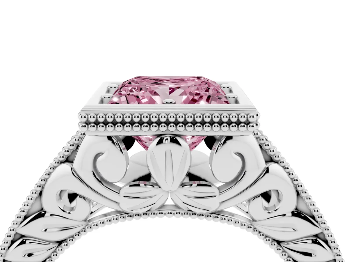 Fancy Pink Bezel Set Princess Cut Diamond Milgrain Pave Engagement Ring Platinum