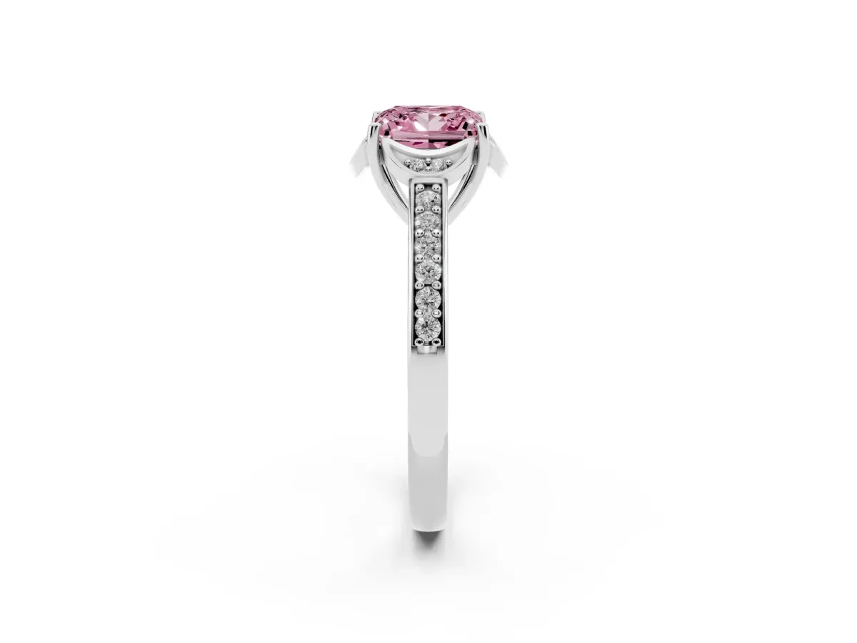 Fancy Pink Princess Cut Cut Halo Diamond Ring with Channel Set Band and Four-Prong Setting Platinum