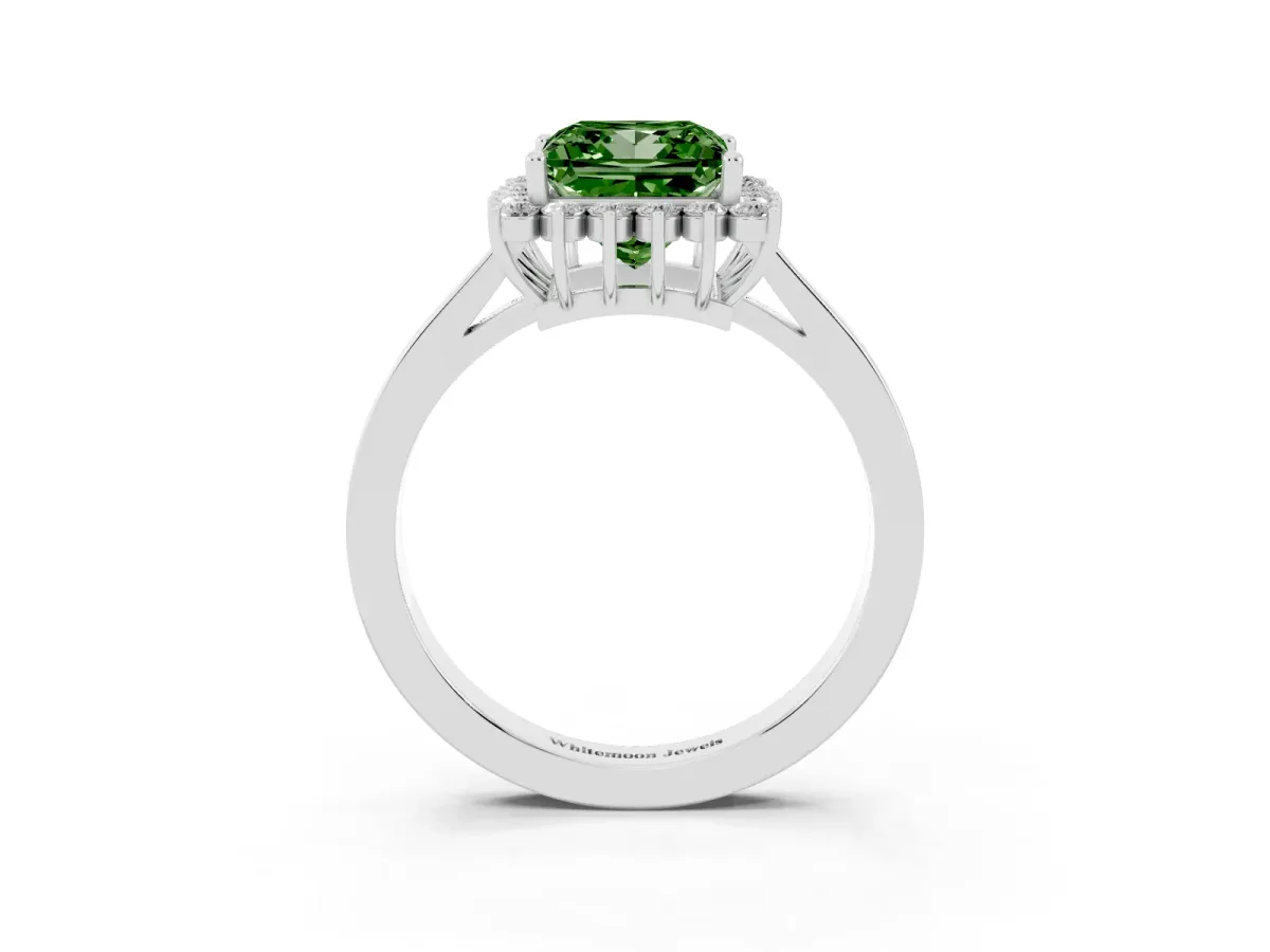 Fancy Green Princess Cut Cut Diamond Halo Ring with Round Brilliant Halo and Solitaire Band Silver