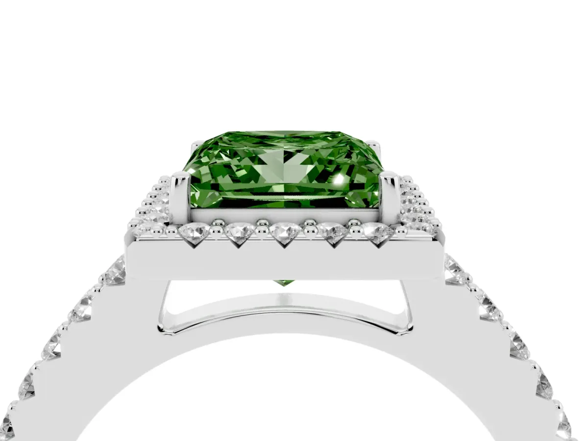 Fancy Green Princess Cut Halo Diamond Pavé Solitaire Ring Platinum