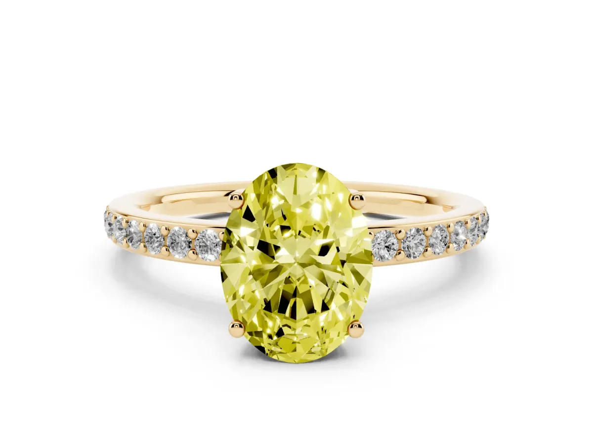 Fancy Yellow Oval Cut Cut Diamond Pavé Band Ring with Four-Prong Setting Yellow gold