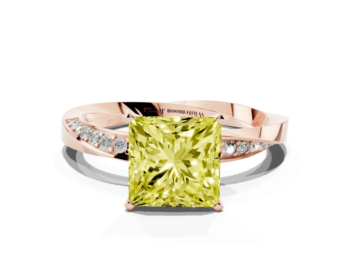 Fancy Yellow Princess Cut Diamond Engagement Ring with Side Stone Accents and Four-Prong Setting Rose gold