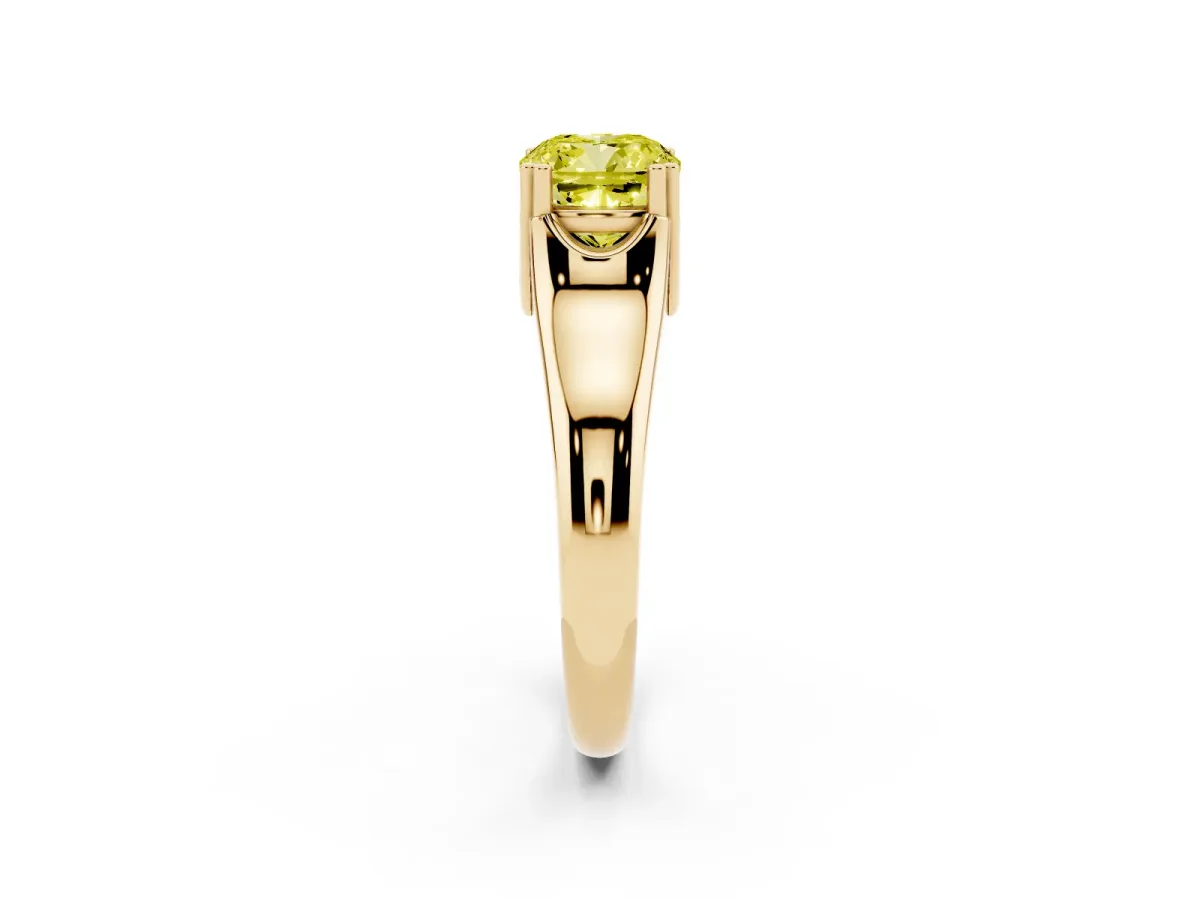 Fancy Yellow Cushion Cut Diamond Solitaire Ring with Wide Band and Prong Setting Yellow gold
