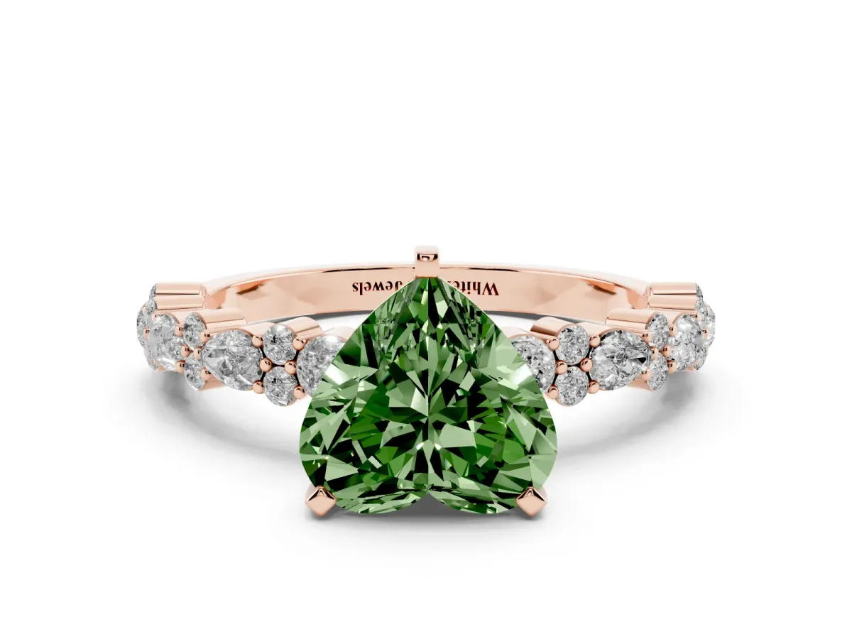Fancy Green Heart Cut Diamond Side Stone Solitaire Ring with Round and Four-Prong Setting Rose gold