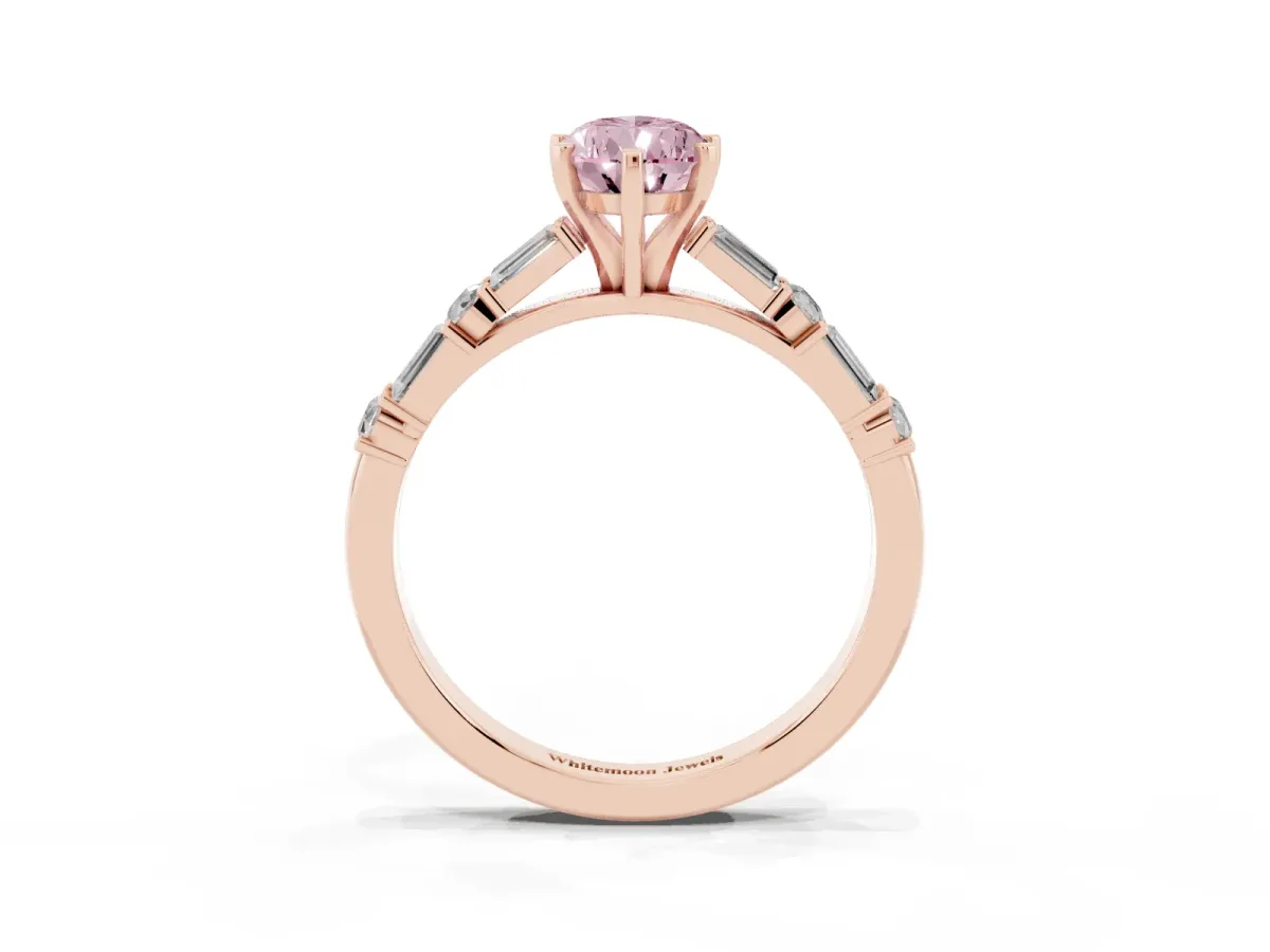 Fancy Pink Pear Cut Diamond Solitaire with Side Baguettes and Channel Set Band Rose gold