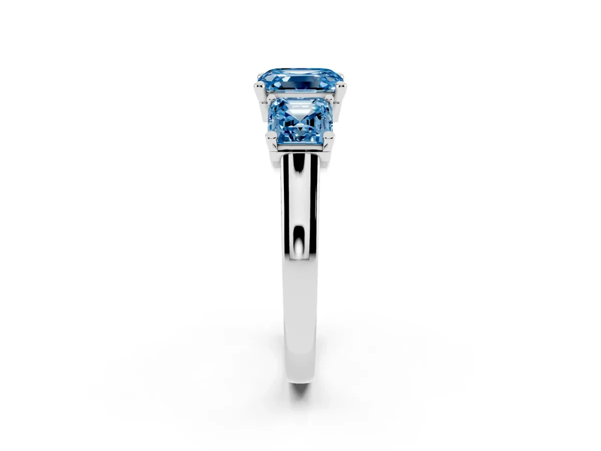 Fancy Blue Three-Stone Asscher Cut Brilliant Diamond Trellis Ring with Comfort Fit Band Silver