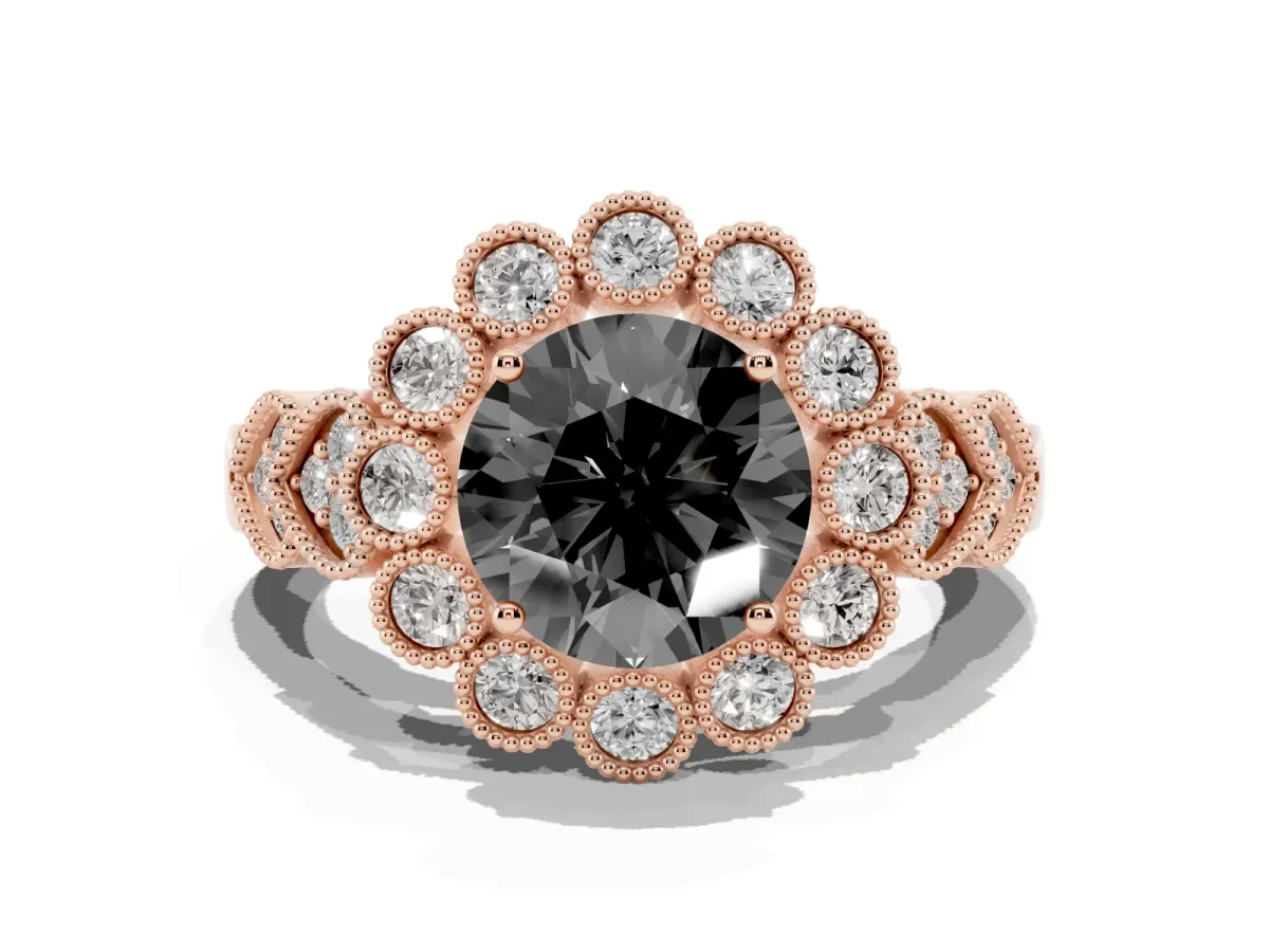 Fancy Black Round Cut Brilliant Milgrain Pave Heart Band Solitaire Ring Rose gold