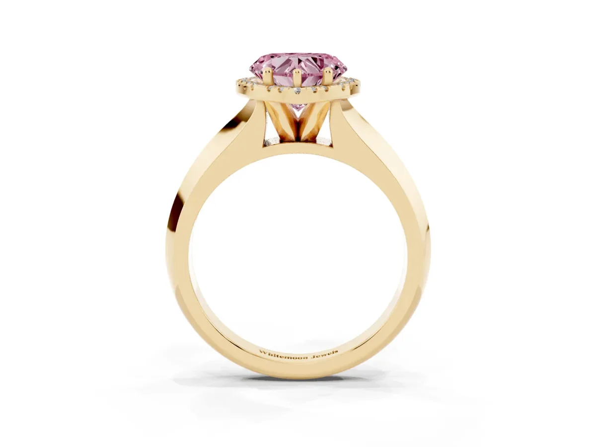 Fancy Pink Heart Cut Halo Diamond Ring with Cathedral Band and Four-Prong Setting Yellow gold