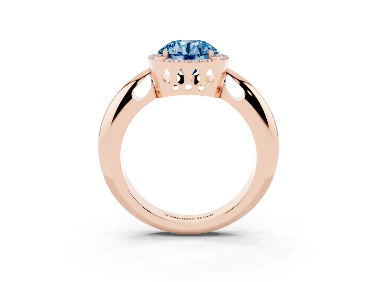 Fancy Blue Round Cut Cut Diamond Halo Engagement Ring with Split Shank and Four-Prong Setting Rose gold