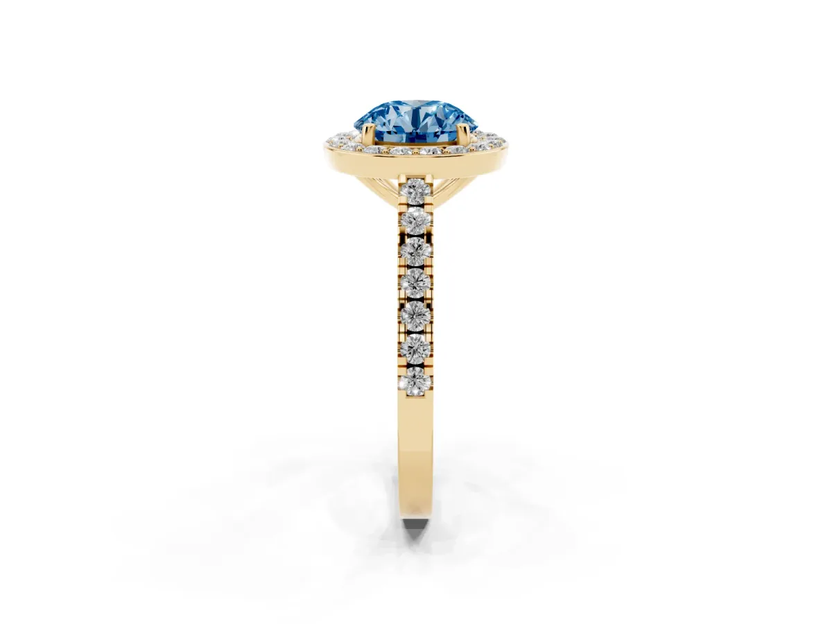 Fancy Blue Round Cut Diamond Halo Ring with Round Pavé Split Shank and Prong Setting Yellow gold