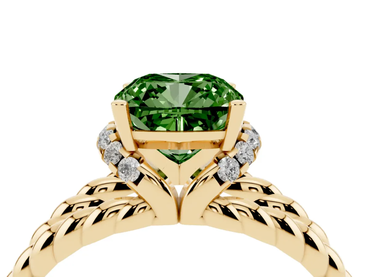 Fancy Green Cushion Cut Halo Twisted Band Four-Prong Ring Yellow gold