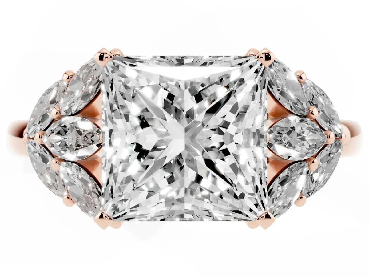 Princess Cut Diamond Cluster Leaf Design Ring with Prong Setting Rose gold