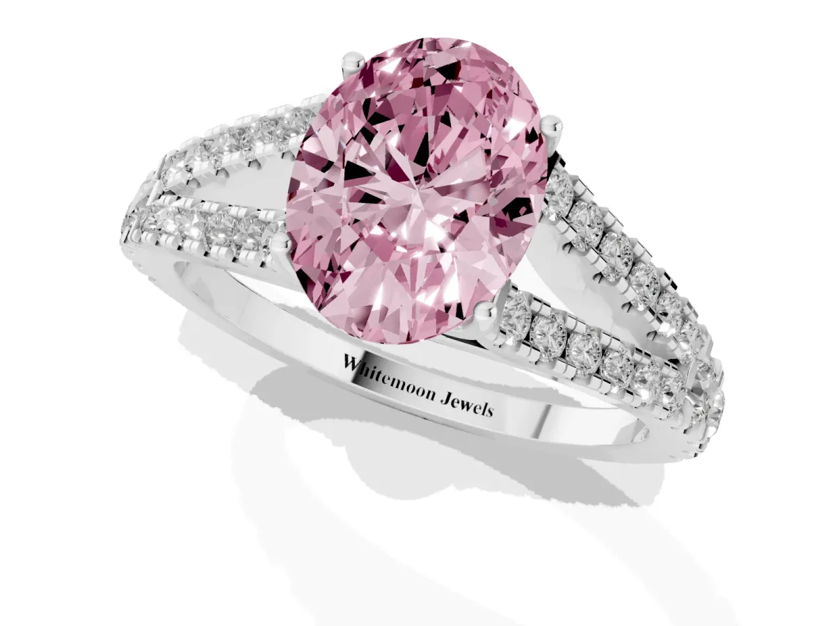 Fancy Pink Oval Cut Diamond Split Shank Engagement Ring with Round Pavé and Prong Setting Silver