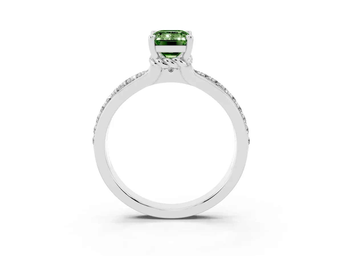 Fancy Green Emerald Cut Solitaire Diamond Ring with Channel Set Band and Six-Prong Setting Silver