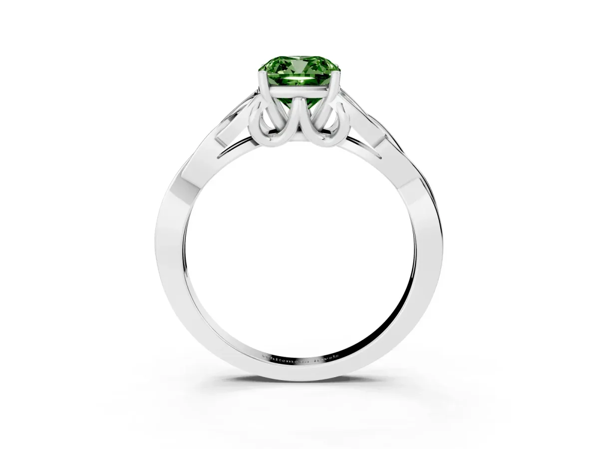Fancy Green Cushion Cut Diamond Solitaire Engagement Ring with Celtic Knot Band and Four-Prong Setting Platinum