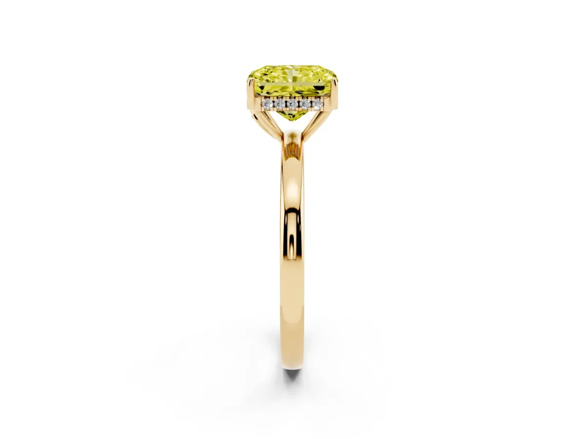Fancy Yellow Radiant Cut Solitaire Diamond Ring with Prong Setting and Plain Band Yellow gold