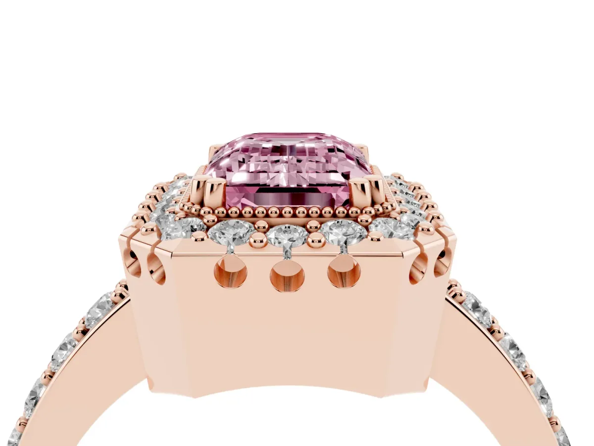 Fancy Pink Emerald Cut Diamond Halo Ring with Pavé Band and Prong Setting Rose gold