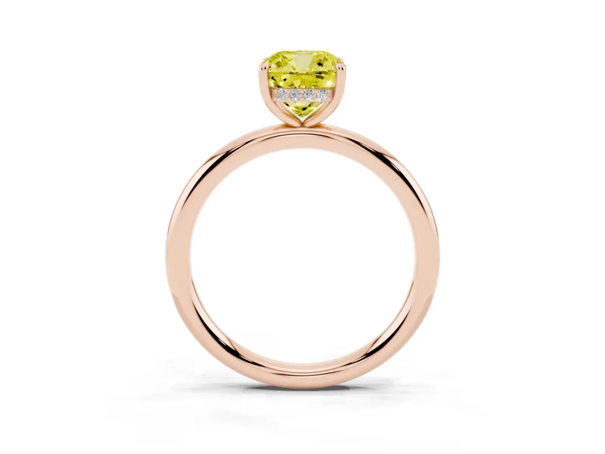 Fancy Yellow Cushion Cut Diamond Solitaire Ring with Thin Band and Four-Prong Setting Rose gold