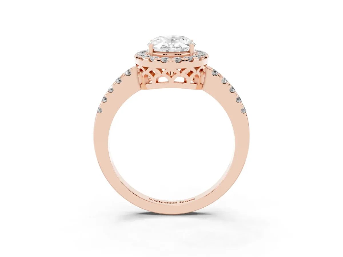 Oval Cut Halo Diamond Engagement Ring with Pavé Band and Four-Prong Setting Rose gold