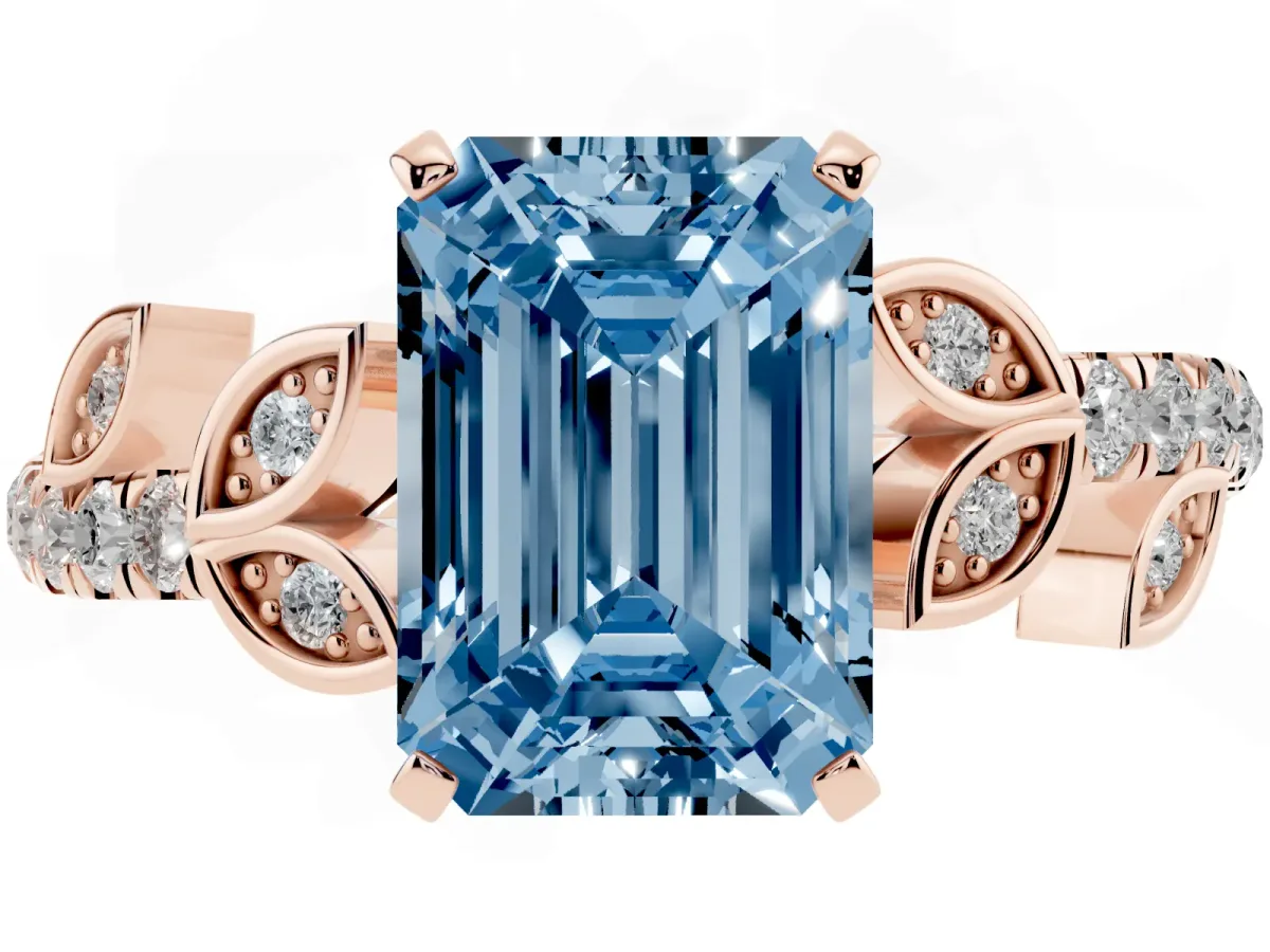 Fancy Blue Emerald Cut Solitaire Leaf-Inspired Diamond Ring with Pavé Band and Four-Prong Setting Rose gold