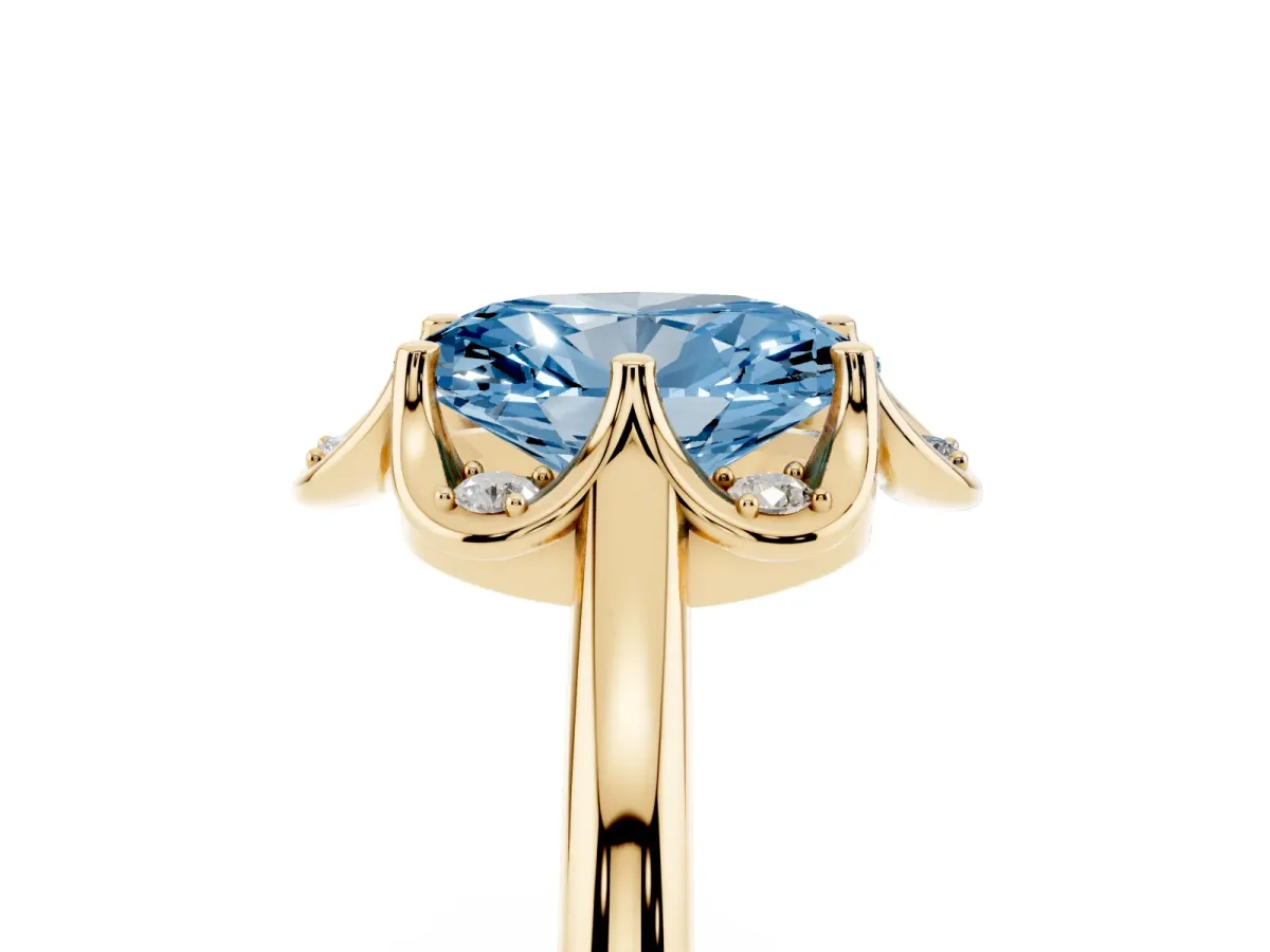 Fancy Blue Oval Cut Halo Diamond Ring with Round Cluster Setting, Solitaire Band, and Four-Prong Setting Yellow gold
