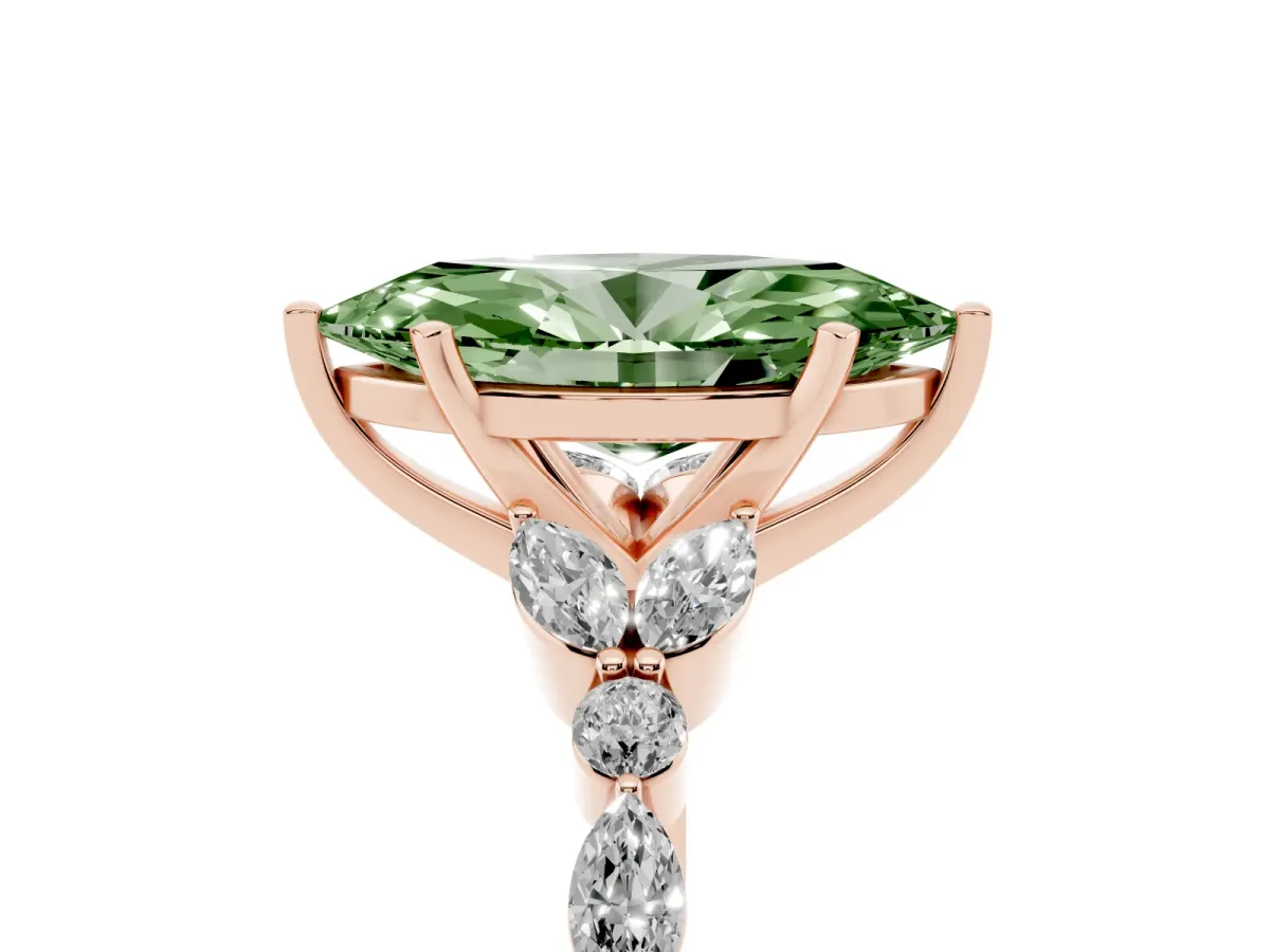 Fancy Green Marquise Cut Diamond Solitaire Ring with Side Stones and Four-Prong Setting Rose gold