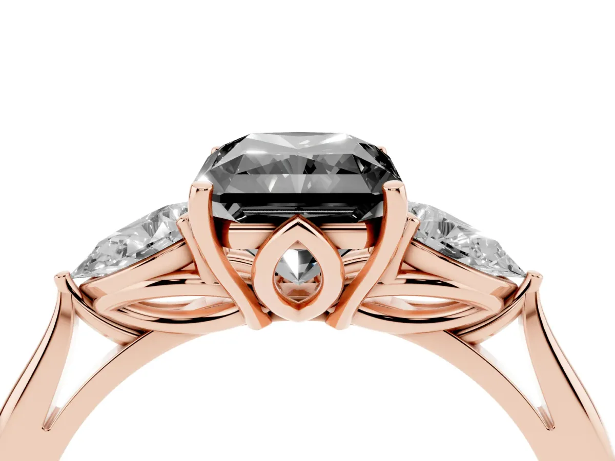 Fancy Black Three-Stone Radiant Cut Brilliant Diamond Solitaire Ring with Tapered Band and Four-Prong Setting Rose gold
