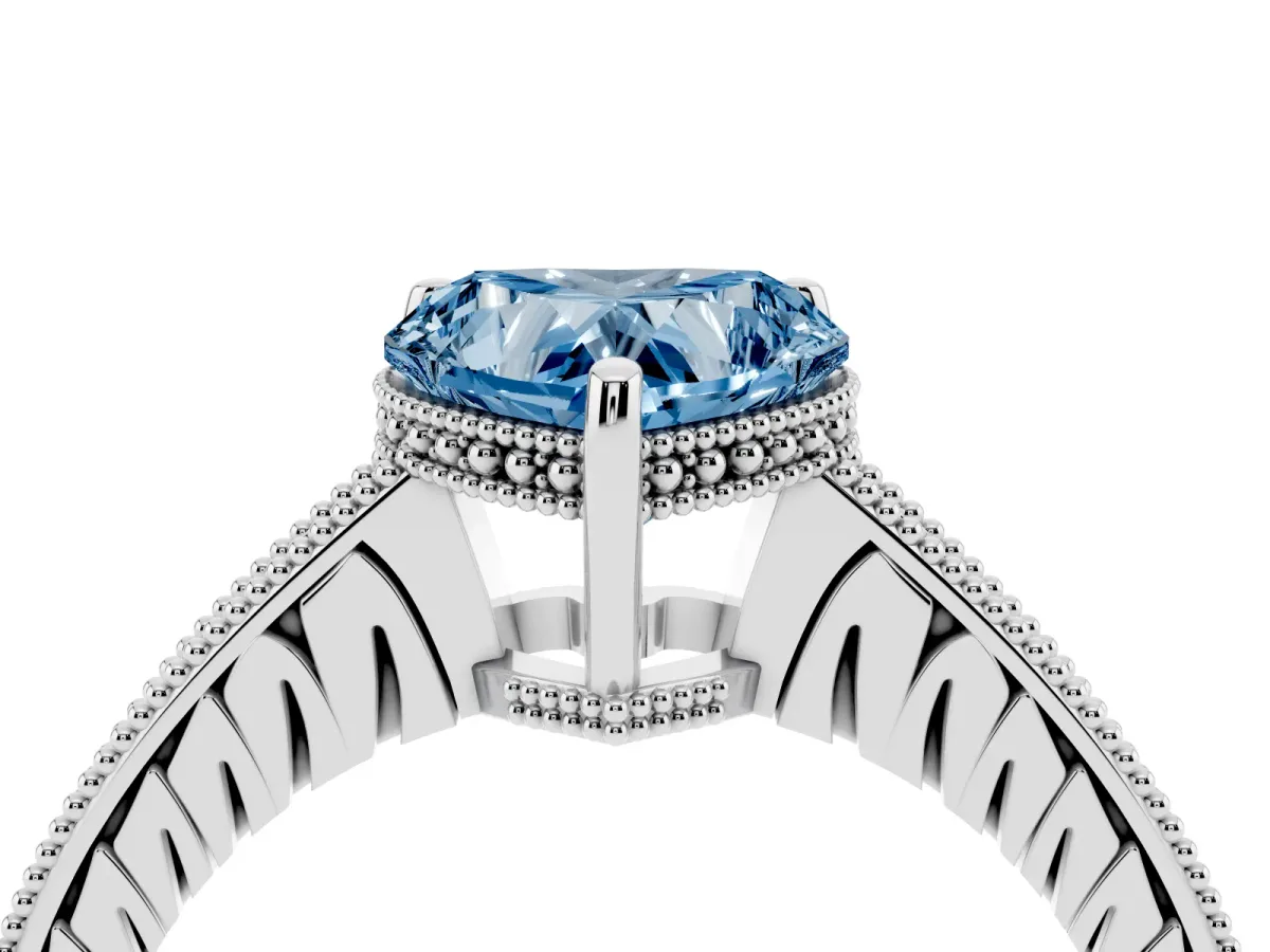 Fancy Blue Heart Cut Solitaire Pavé Diamond Milgrain Engagement Ring with Four-Prong Setting Silver