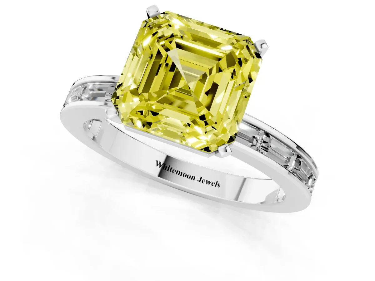 Fancy Yellow Asscher Cut Solitaire Diamond Ring with Channel-Set Baguette Band and Four-Prong Setting Silver