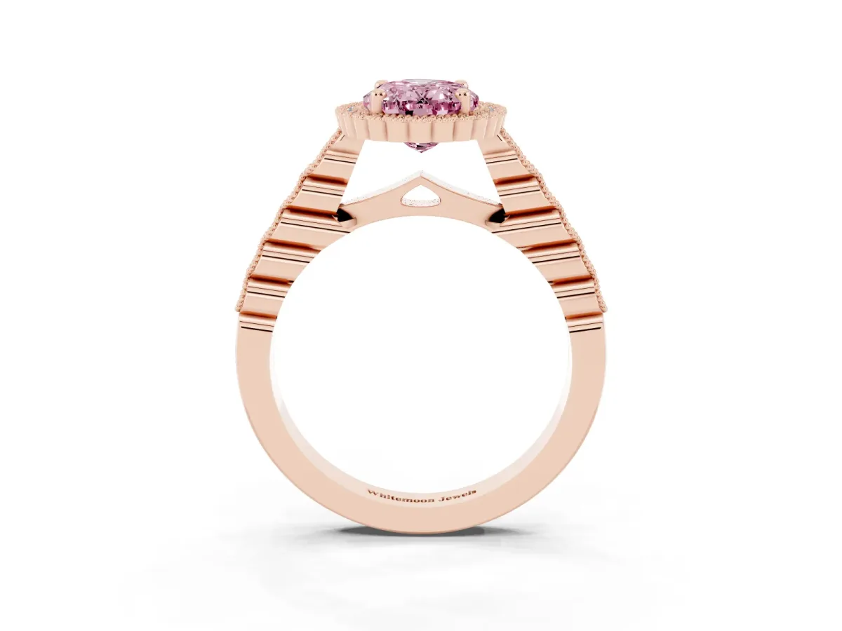 Fancy Pink Oval Cut Cut Halo Pavé Solitaire Ring with Milgrain Band Rose gold