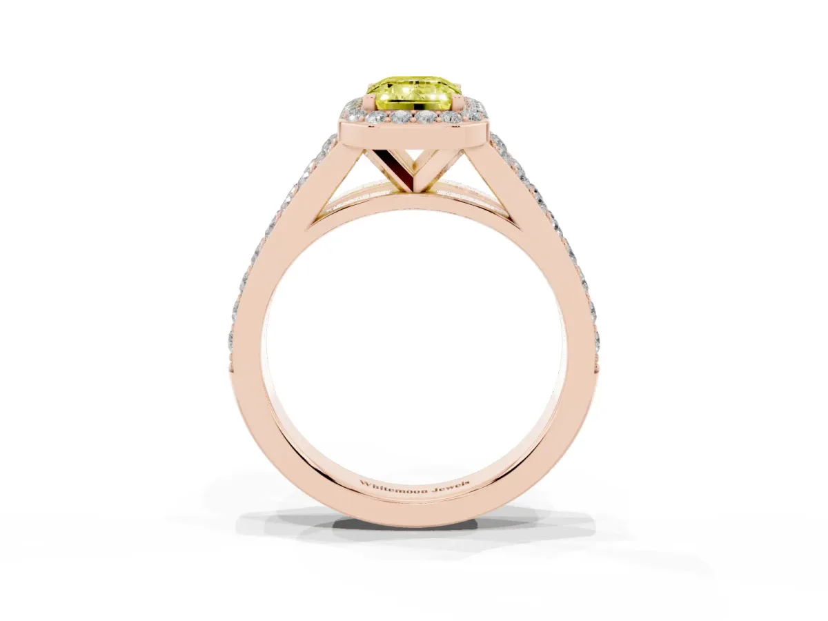 Fancy Yellow Emerald Cut Diamond Split Shank Halo Ring with Four-Prong Setting Rose gold