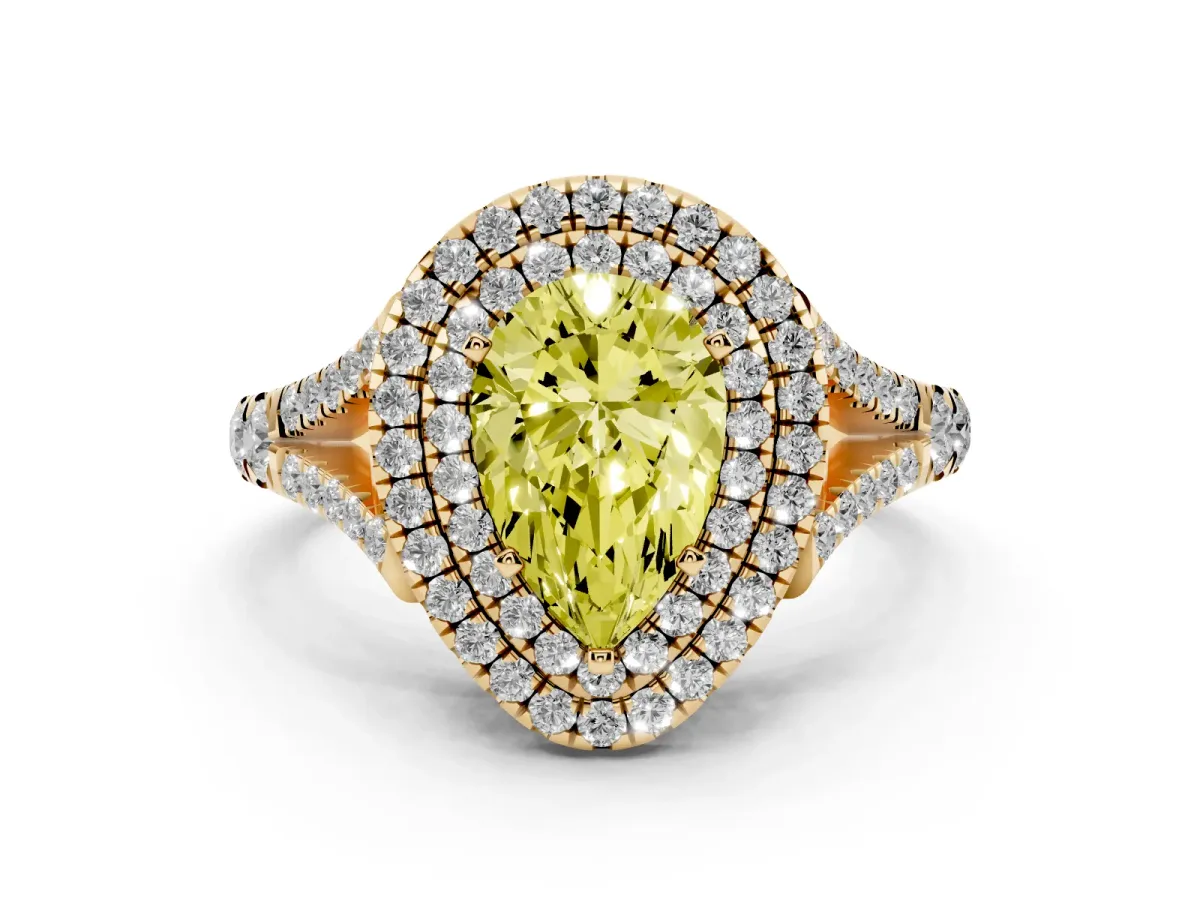 Fancy Yellow Pear Cut Cut Double Halo Split Shank Diamond Ring with Prong Setting Yellow gold