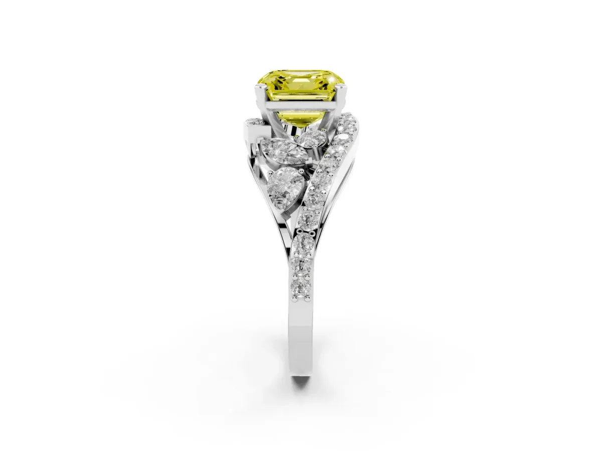 Fancy Yellow Asscher Cut Diamond Halo Ring with Marquise and Pavé Band in Prong Setting Platinum