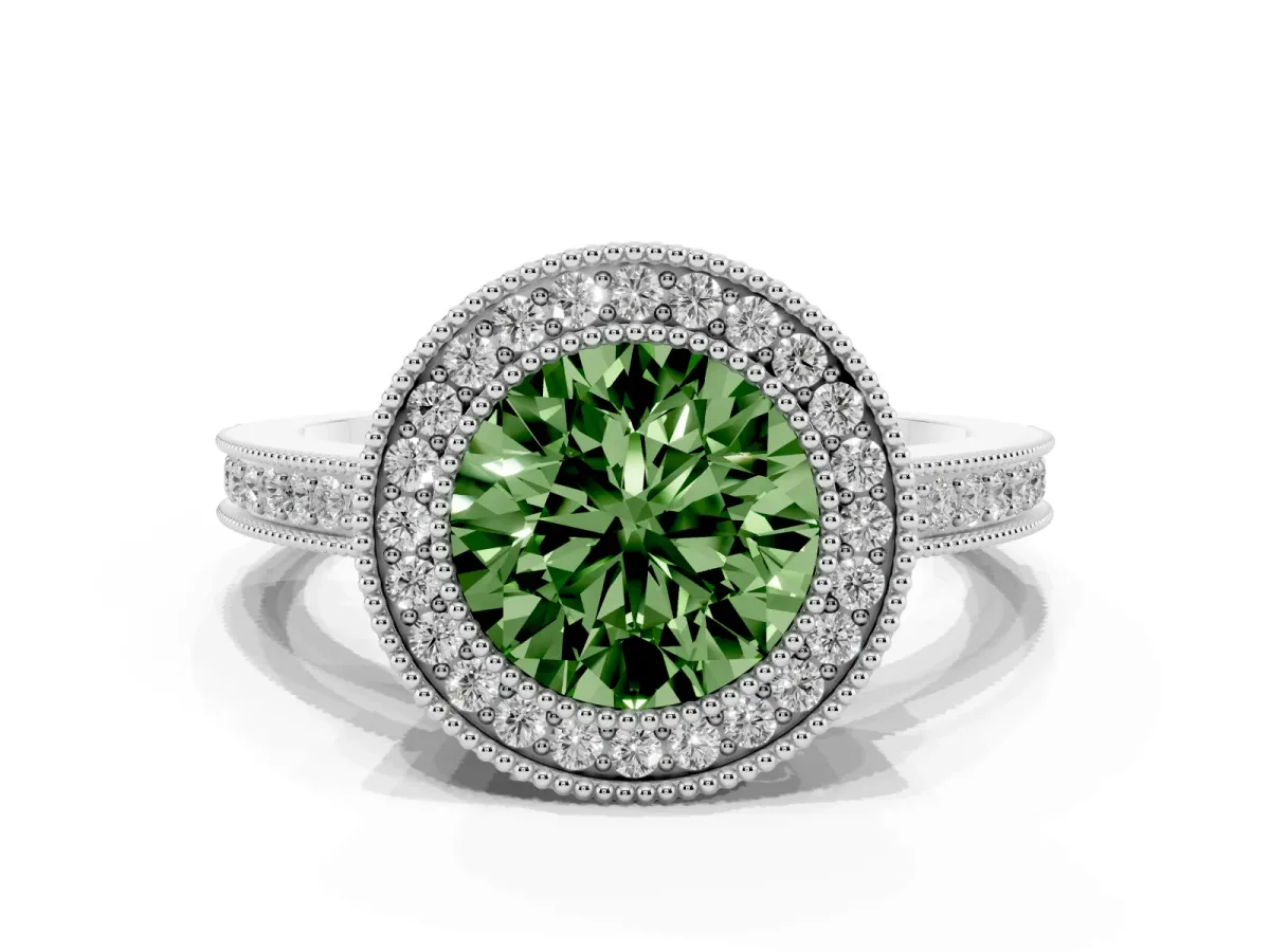 Fancy Green Round Cut Cut Halo Diamond Ring with Pavé Band and Milgrain Prong Setting White gold