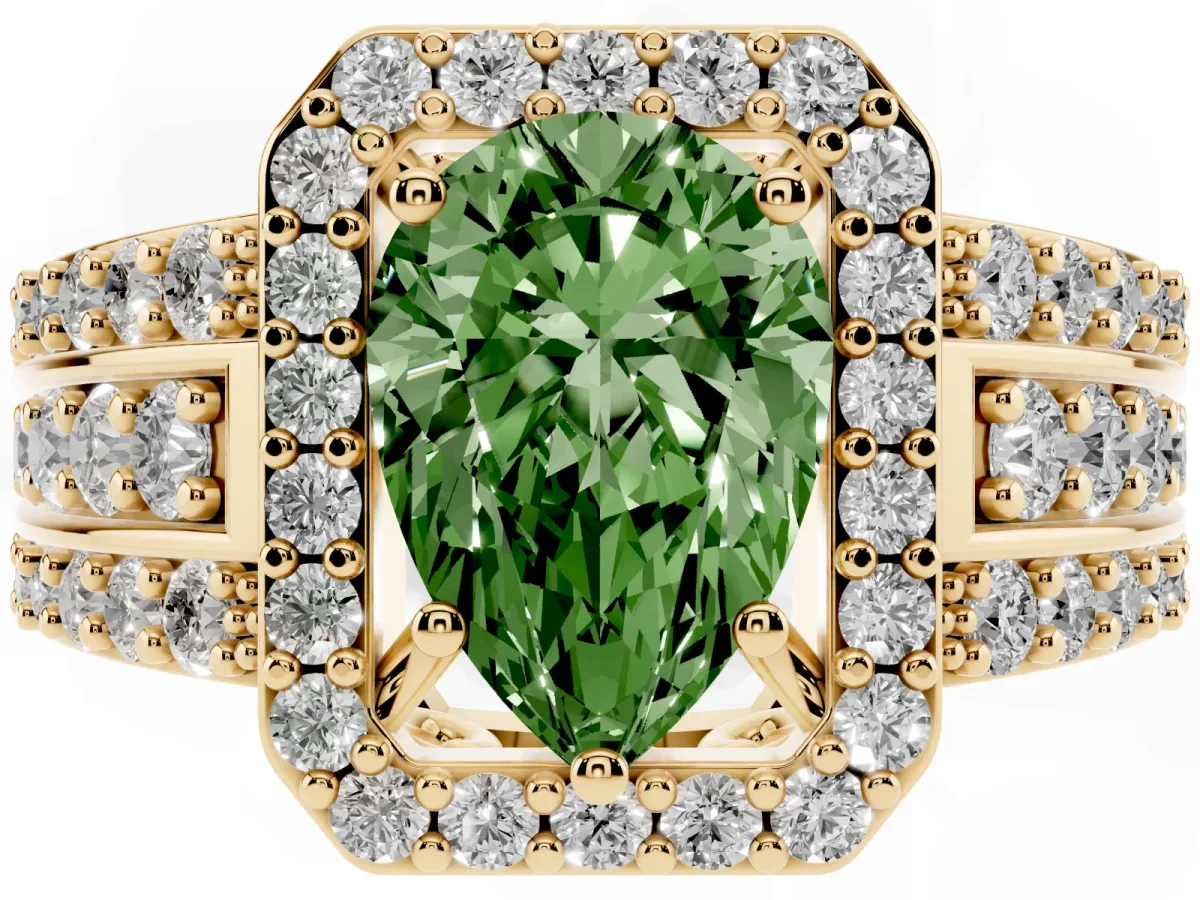 Fancy Green Pear Cut Halo Diamond Ring with Round Split Shank and Prong Setting Yellow gold