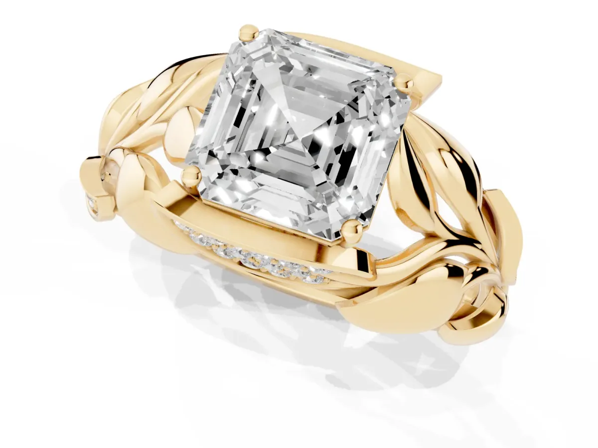Asscher Cut Diamond Leaf-Inspired Engagement Ring with Round Accents and Prong Setting Yellow gold