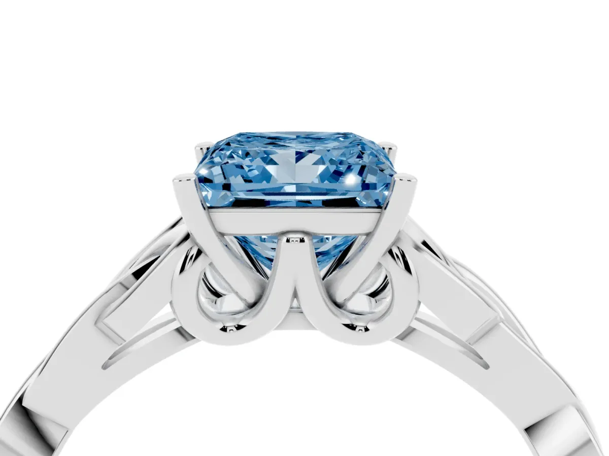 Fancy Blue Princess Cut Diamond Solitaire Engagement Ring with Celtic Knot Band and Four-Prong Setting White gold