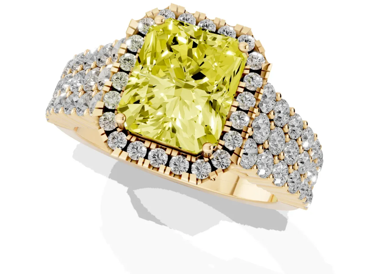 Fancy Yellow Radiant Cut Diamond Halo Engagement Ring with Triple Row Round Pavé Band and Prong Setting Yellow gold