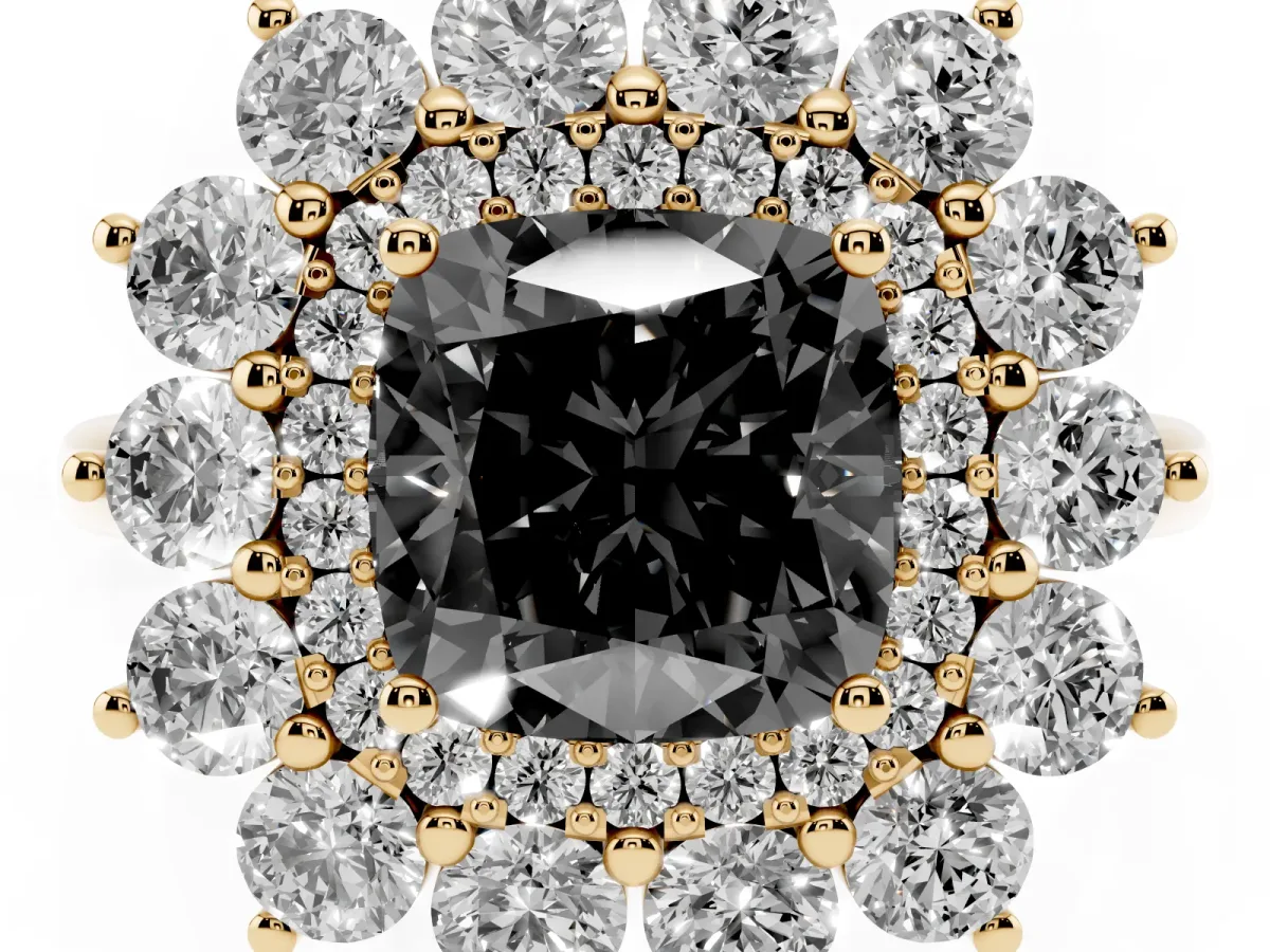 Fancy Black Cushion Cut Diamond Floral Double Halo Engagement Ring with Prong Setting Yellow gold