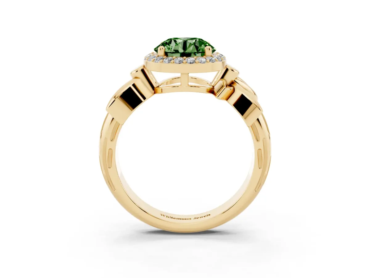 Fancy Green Round Cut Halo Diamond Floral Band with Four-Prong Setting Yellow gold