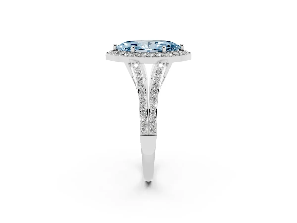 Fancy Blue Marquise Cut Halo Split Shank Pave Diamond Ring with Four-Prong Setting Platinum
