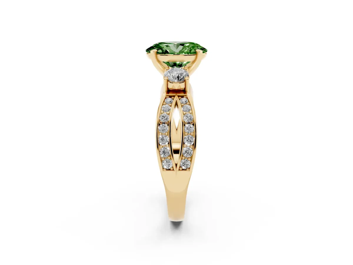 Fancy Green Three-Stone Oval Cut Cut Diamond Twist Band with Prong Setting Yellow gold